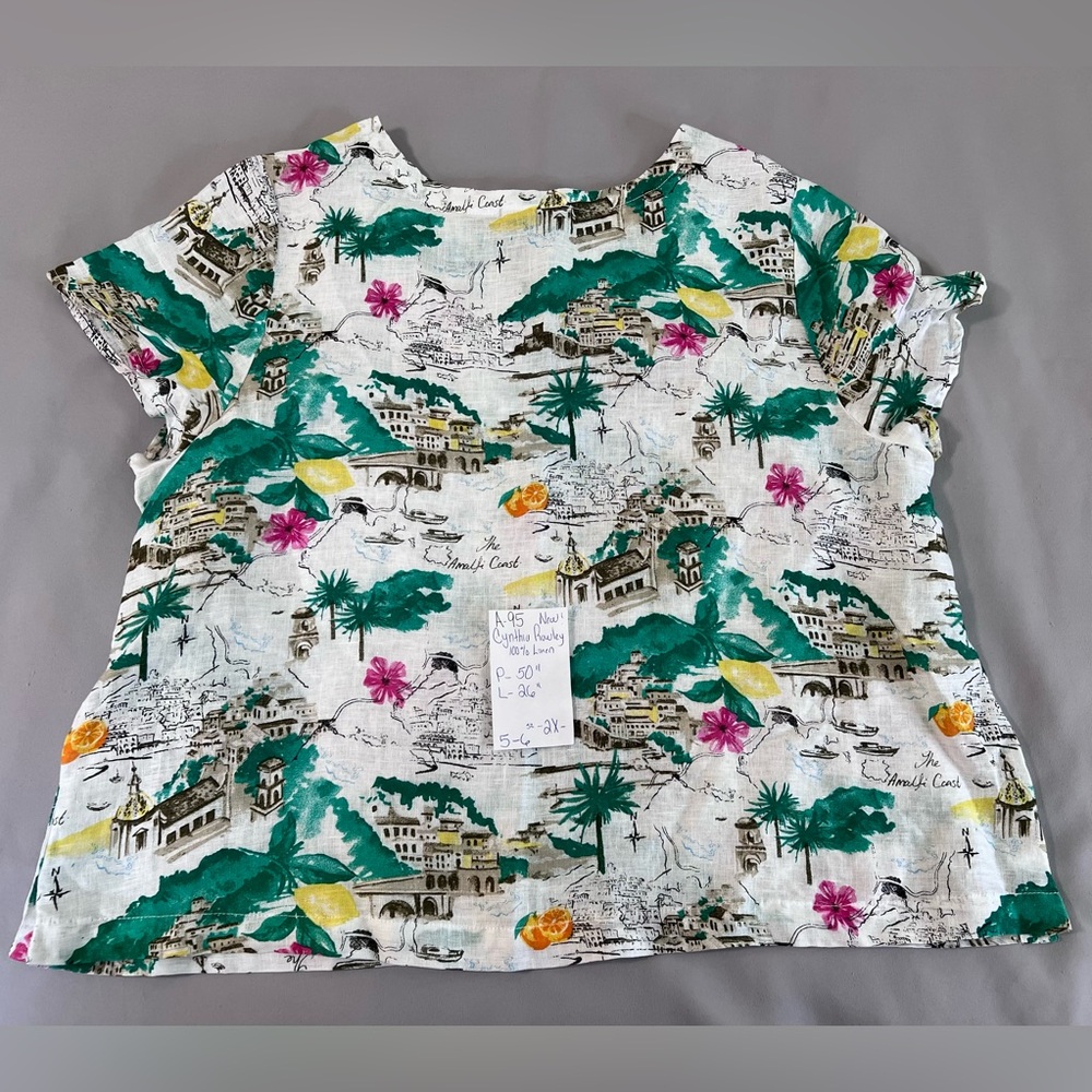 Cynthia Rowley Womens Plus Sz 2X Blouse Shirt New Amalfi Coast Linen Rolled Cuff - Picture 9 of 11